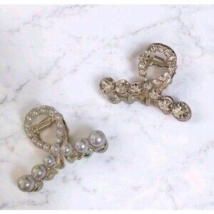 2Pcs Mini Metal Hair Claw Clips Rhinestone & Pearl Hair Jaw Clamps Metal Small